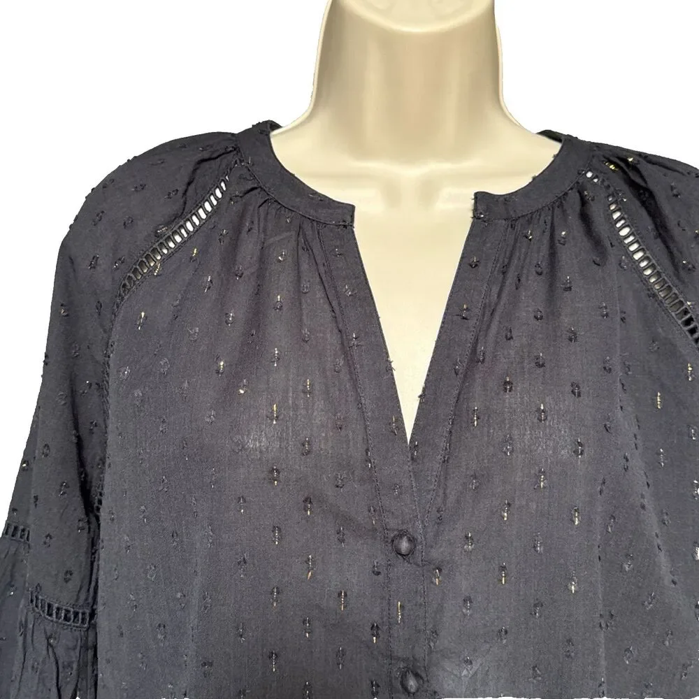Sezane Black Blouse 34 US 2 Gold Metallic Accents Button Front Long Sleeve Chic